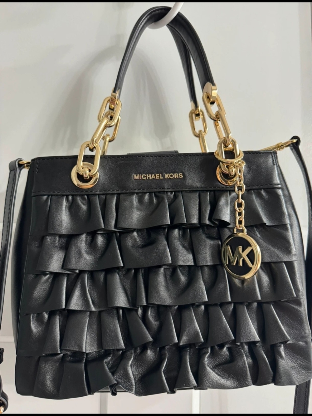 Michael Kors Black Ruffle Satchel with Gold Hardware
